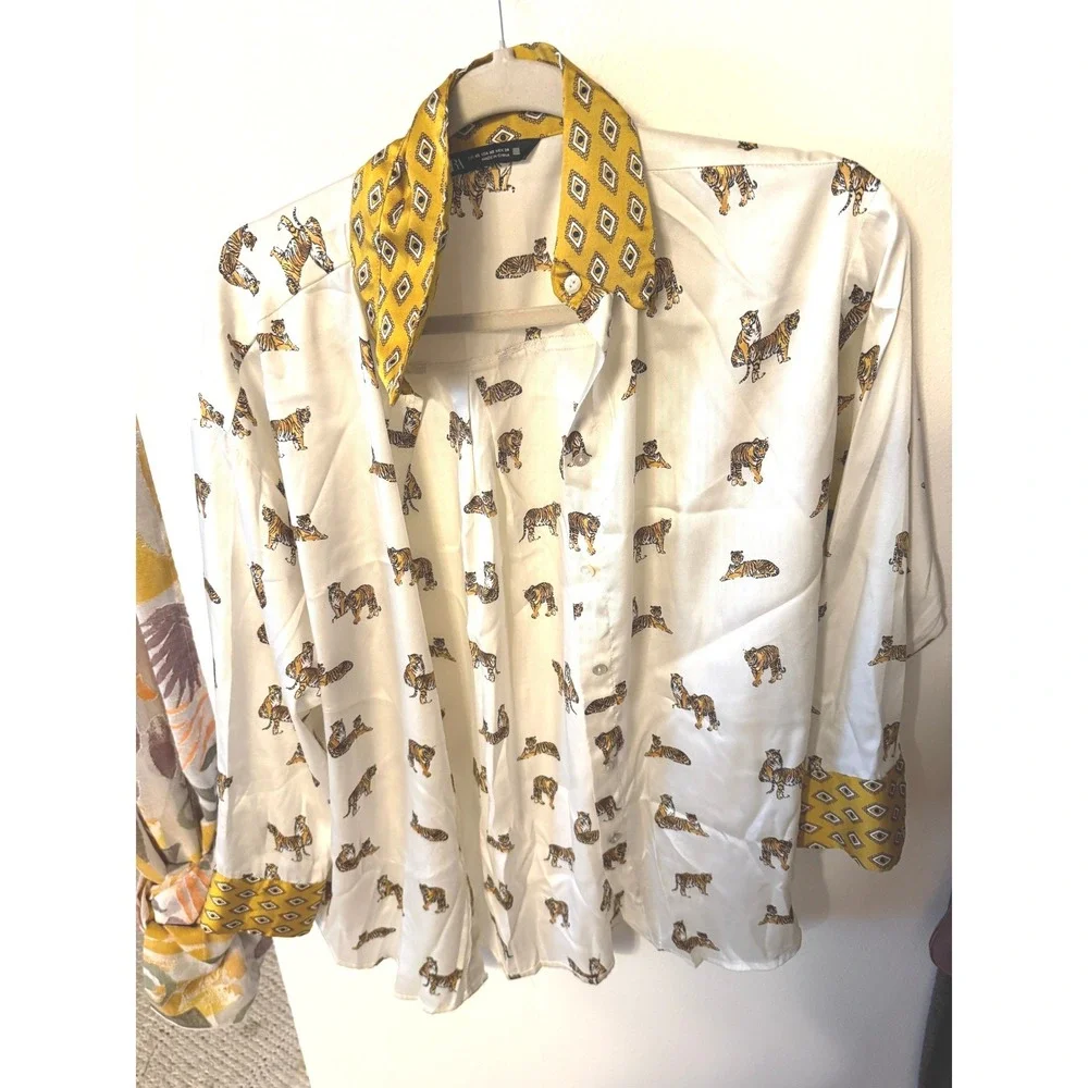 Zara tiger blouse contrast collar button up XS boxy oversize fit loose funky fun - Picture 3 of 8